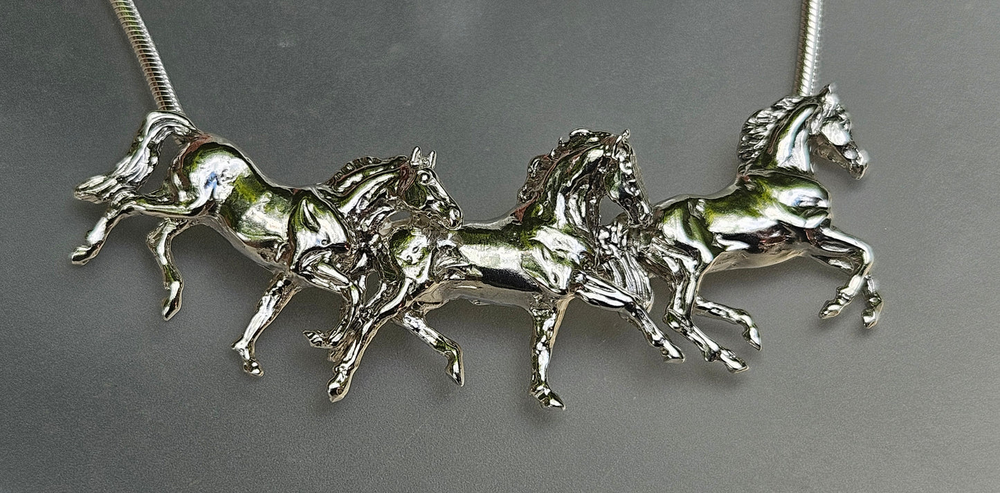Three Horse Slider Necklace Pendant and chain. Realistically sculpted horse jewelry