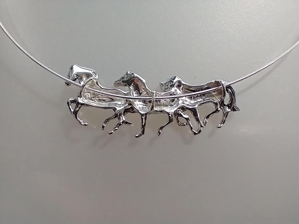 Three Running Horses Necklace Sterling Silver with Heavy SNAKE Chain Beverly Zimmer Original