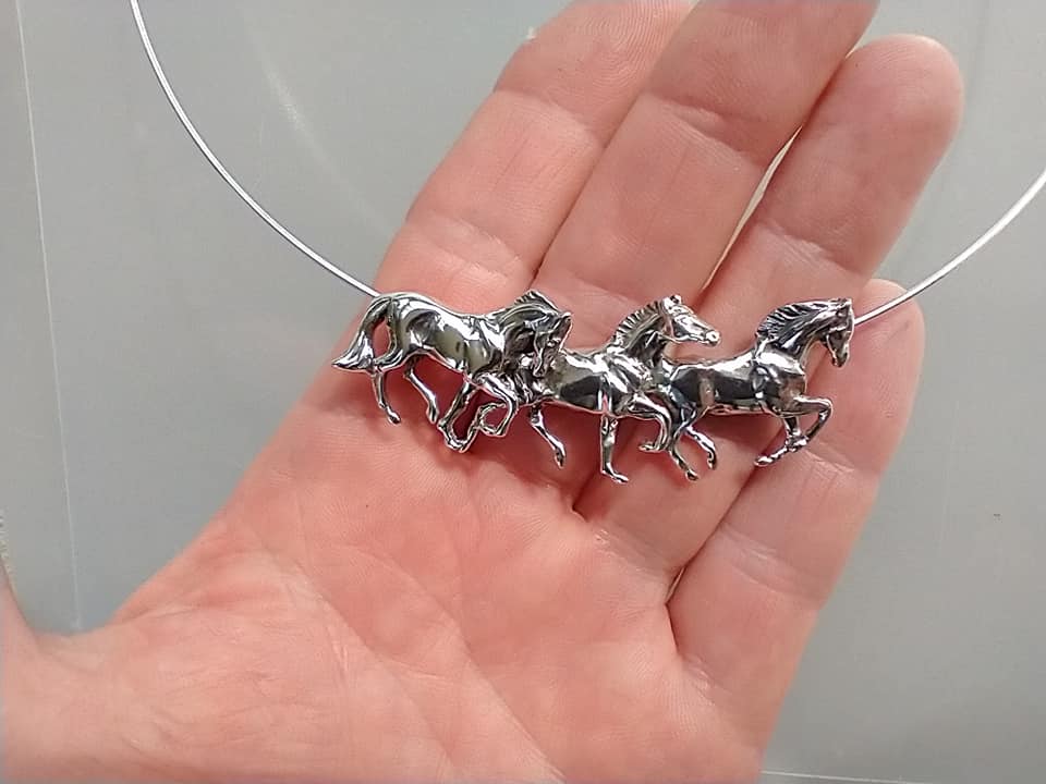 Three Running Horses Necklace Sterling Silver with Heavy SNAKE Chain Beverly Zimmer Original