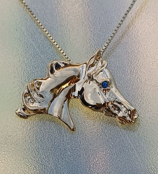 Arabian Horse Head slide pendant with sapphire stone set eye. Necklace Artisan 14ky heavy gold plated Equestrian  Jewelry. Zimmer design