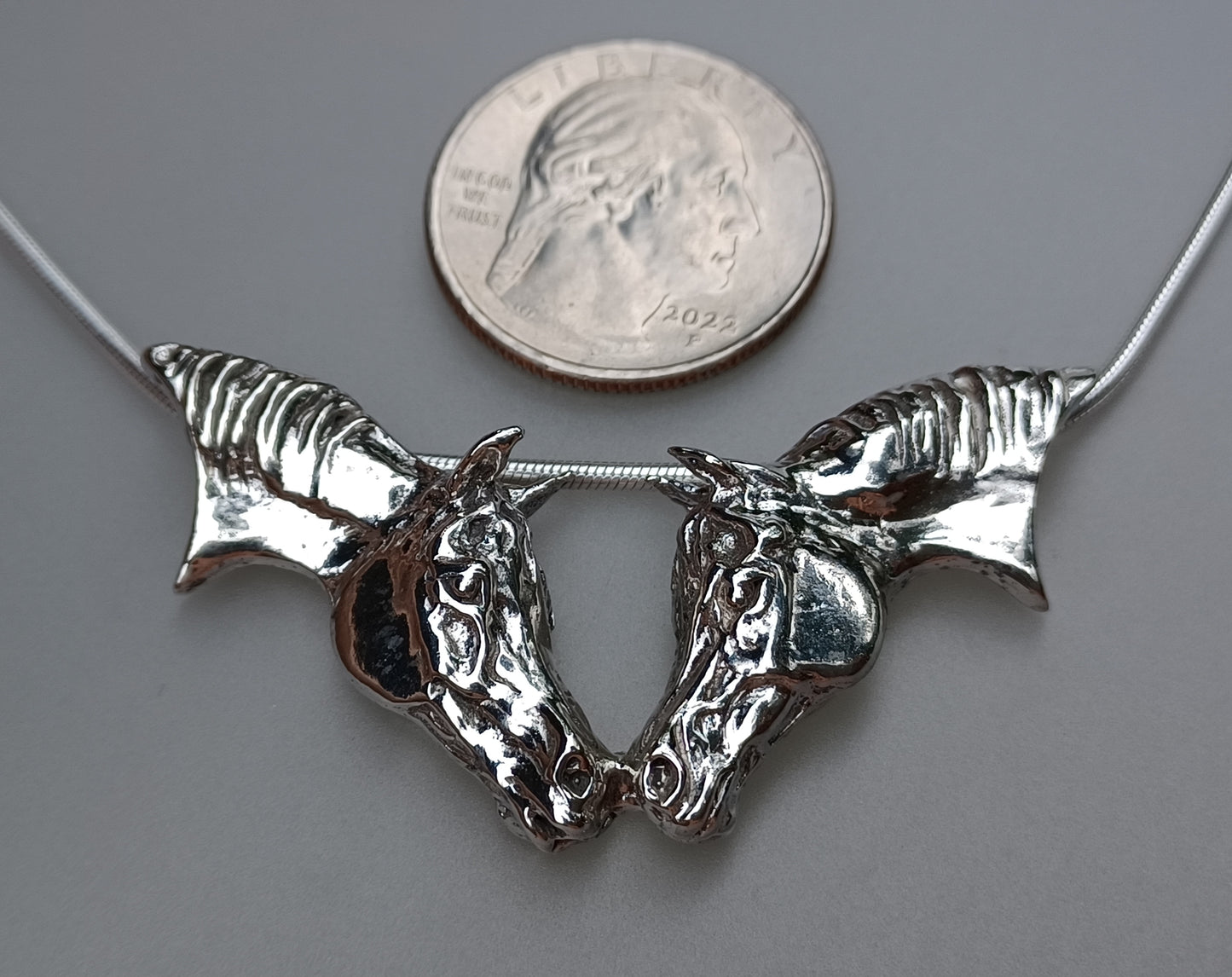 Thoroughbred Nose to Nose pendant and chain Sterling Silver, Sweet necklace from Forge Hill Sculpture. Zimmer design 2023