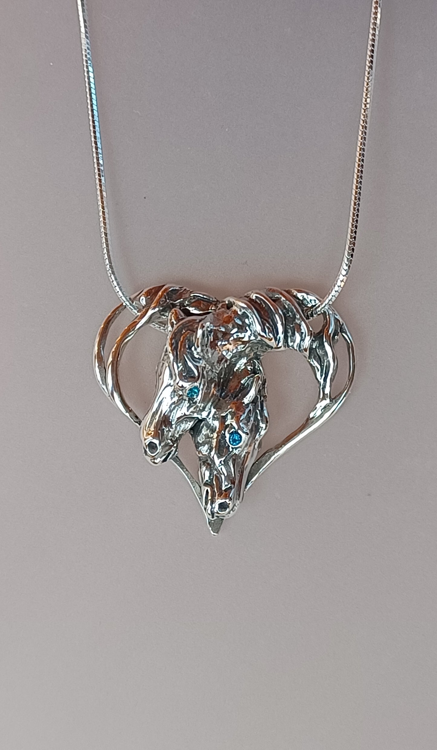 Artisan Heart with Horses Sterling Silver necklace pendant and chain. Equestrian Jewelry