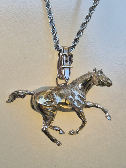 Large Bronze Galloping Horse and buckle bail Pendant and Stainless Steel Chain