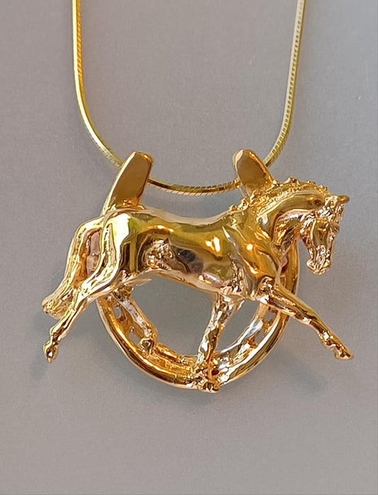Dressage Horse in Horseshoe Pendant and Chain Artisan HEAVY 14ky gold plated.