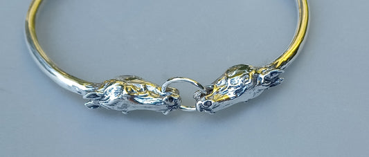 Horse Heads grasping bangle cuff bracelet.  Sterling Silver. Fits up to 6.75" wrist.