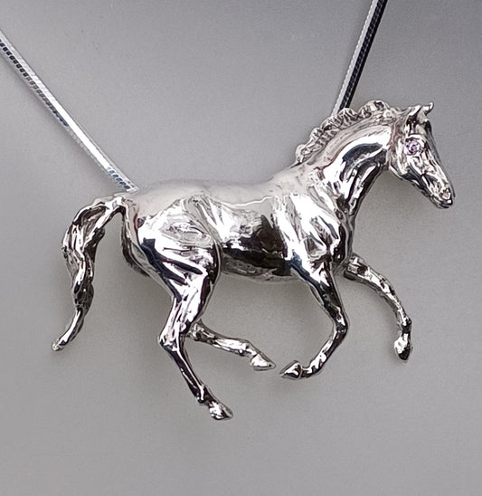 Extra Large Galloping Horse Pendant and Chain Stone set eyes  Horse Jewelry Necklace