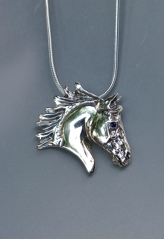 Large Sterling Silver Horse Head Pendant and Chain, Equestrian Jewelry