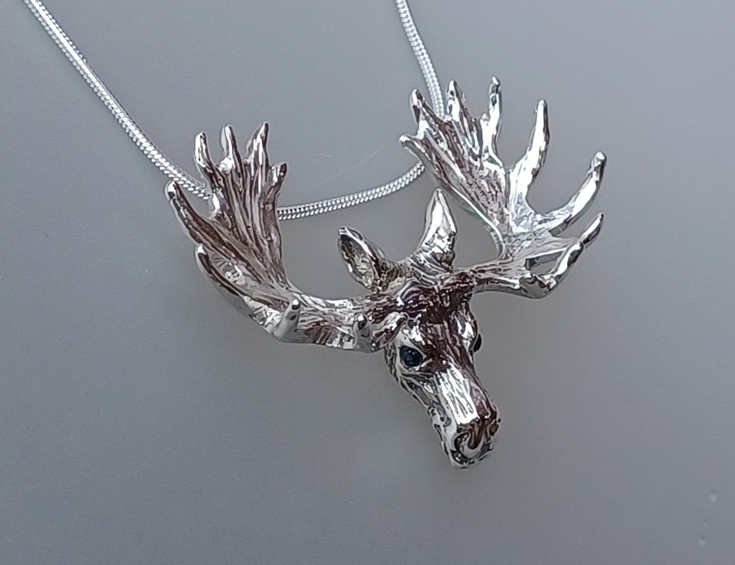 Impressive Moose Pendant and Chain Sterling Silver Necklace Sapphire Eyes