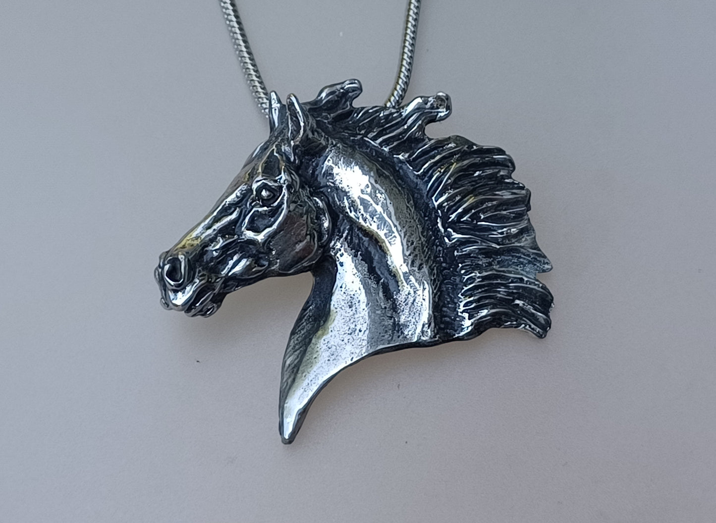 Horse  Pendant Pewter with STAINLESS STEEL snake chain Jewelry Equestrian necklace Zimmer Forge Hill Sculpture