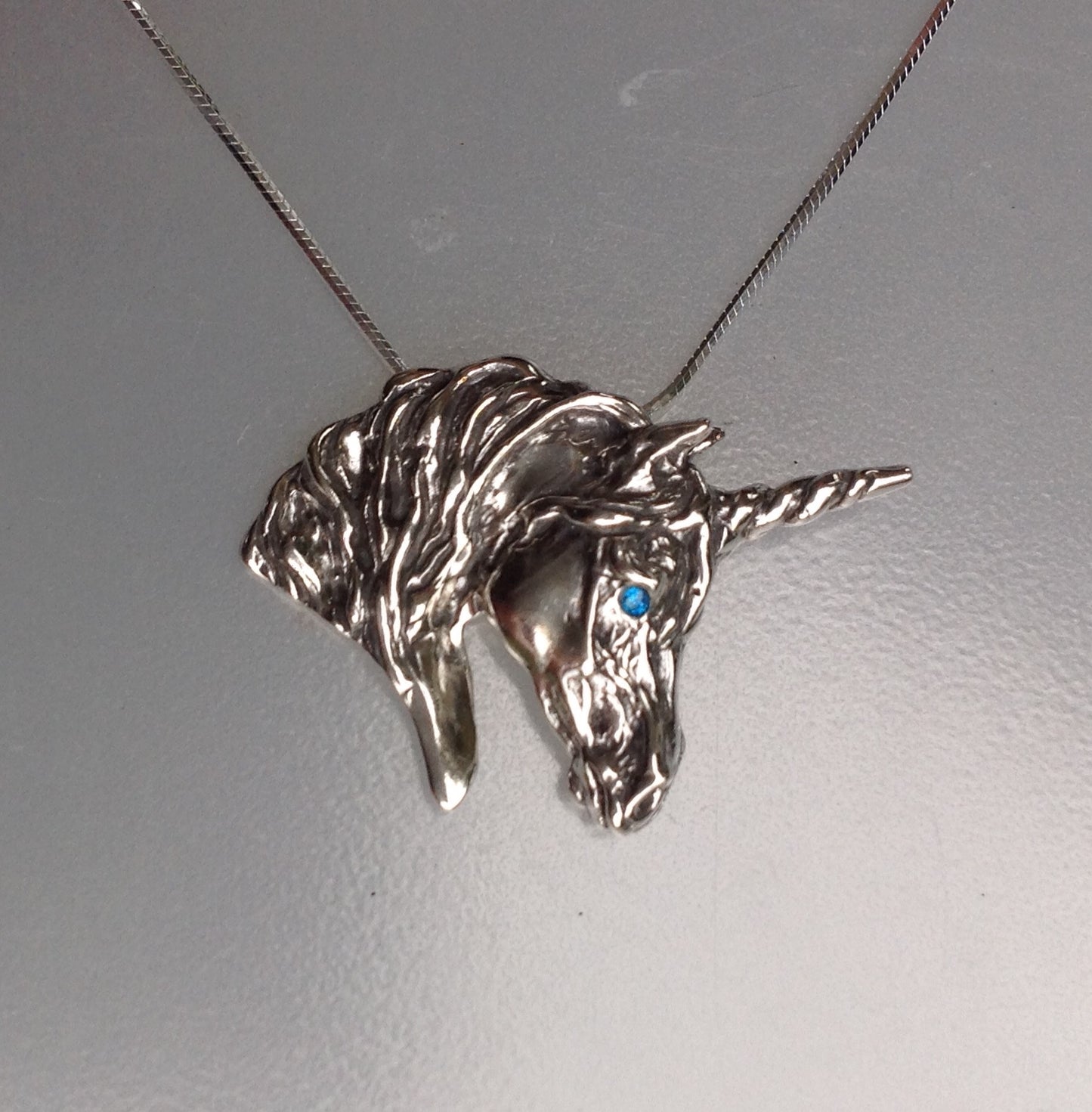 Unicorn Sterling Silver Pendant, stone set eye. Large. Chain included.