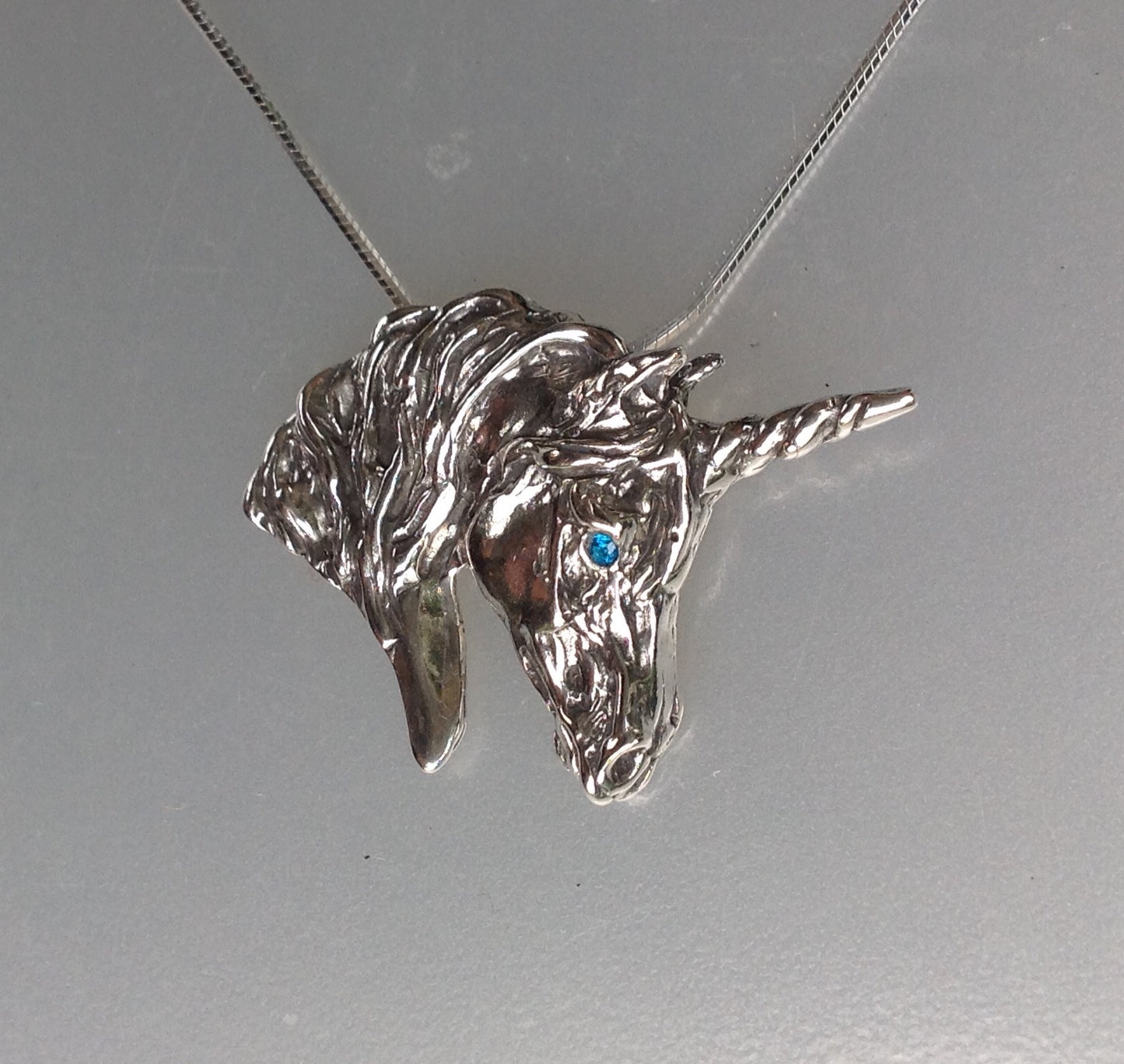 Unicorn Sterling Silver Pendant, stone set eye. Large. Chain included.