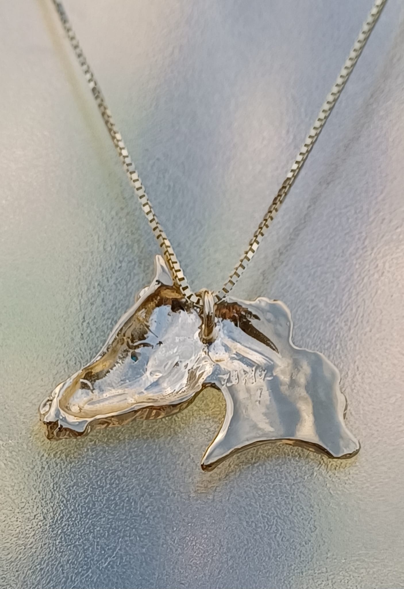 Arabian Horse Head slide pendant with sapphire stone set eye. Necklace Artisan 14ky heavy gold plated Equestrian  Jewelry. Zimmer design