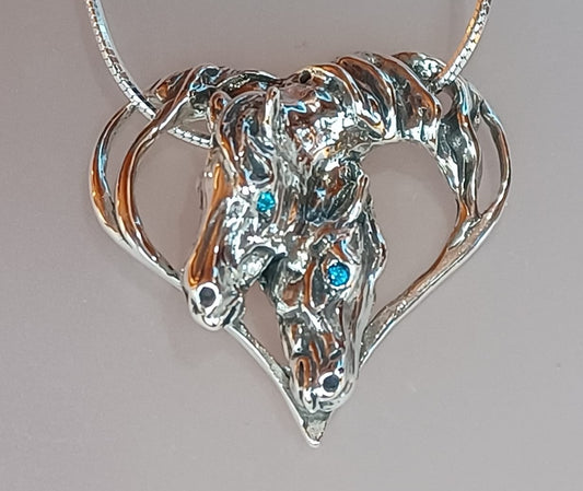 Artisan Heart with Horses Sterling Silver necklace pendant and chain. Equestrian Jewelry
