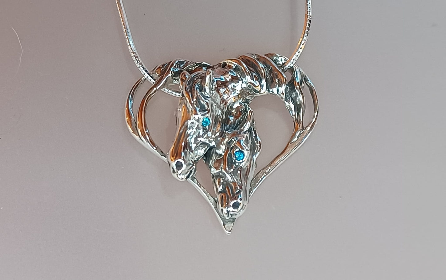 Artisan Heart with Horses Sterling Silver necklace pendant and chain. Equestrian Jewelry