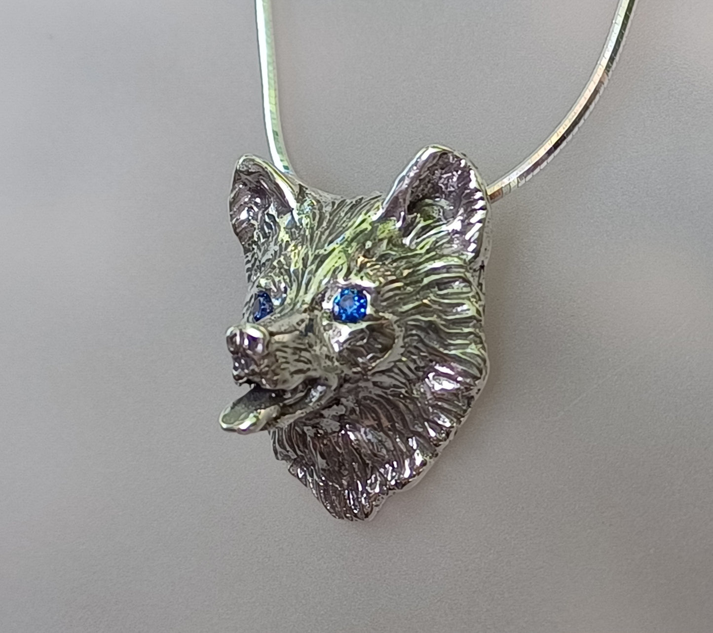 Pembroke Welsh Corgi Sterling Silver pendant and chain necklace. Stone set eyes.