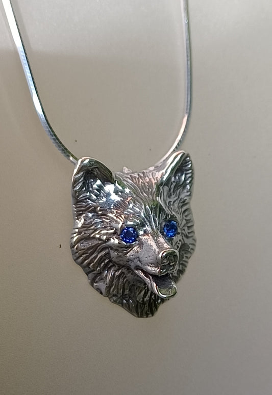 Pembroke Welsh Corgi Sterling Silver pendant and chain necklace. Stone set eyes.