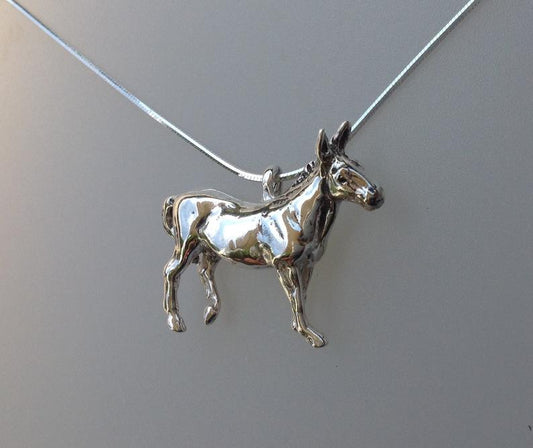 Adorable donkey Sterling Silver Necklace Pendant and Chain. Forge Hill Sculpture