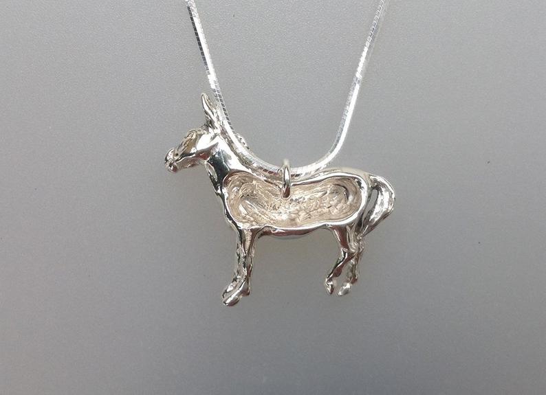 Adorable donkey Sterling Silver Necklace Pendant and Chain. Forge Hill Sculpture