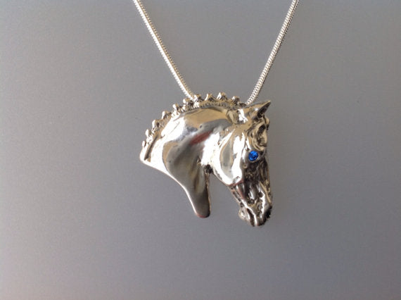 Show horse head pendant and chain. Stone set eye Equestrian jewelry