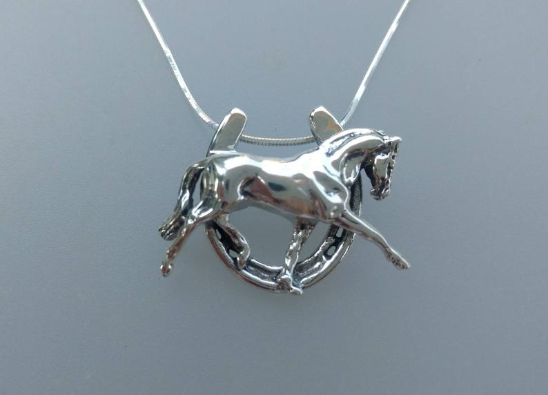 Dressage Horse Horseshoe Large Sterling Silver pendant and chain. Beverly Zimmer design, signed