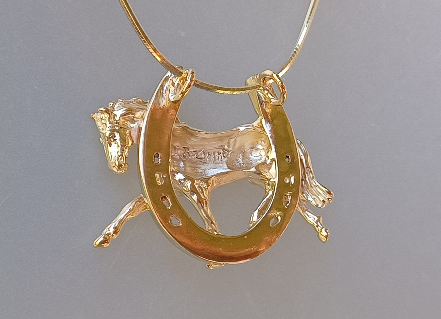 Dressage Horse in Horseshoe Pendant and Chain Artisan HEAVY 14ky gold plated.