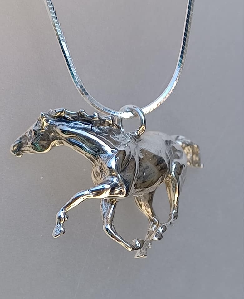Equestrian Jewelry Galloping Horse Sterling Silver Necklace Pendant and Chain. Miniature Scultpure
