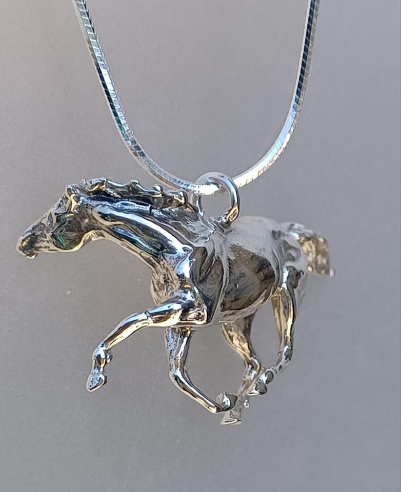 Equestrian Jewelry Galloping Horse Sterling Silver Necklace Pendant and Chain. Miniature Scultpure