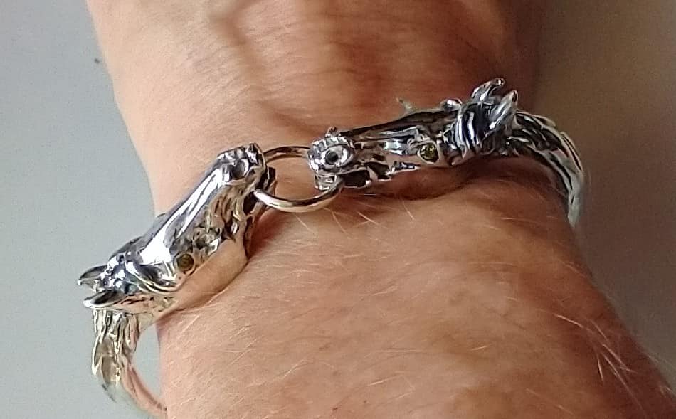 Horse Cuff Bracelet .925 Sterling Silver, Sapphires Beautifully sculpted