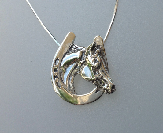 Horseshoe and horse head pendant and chain Sterling Silver Necklace