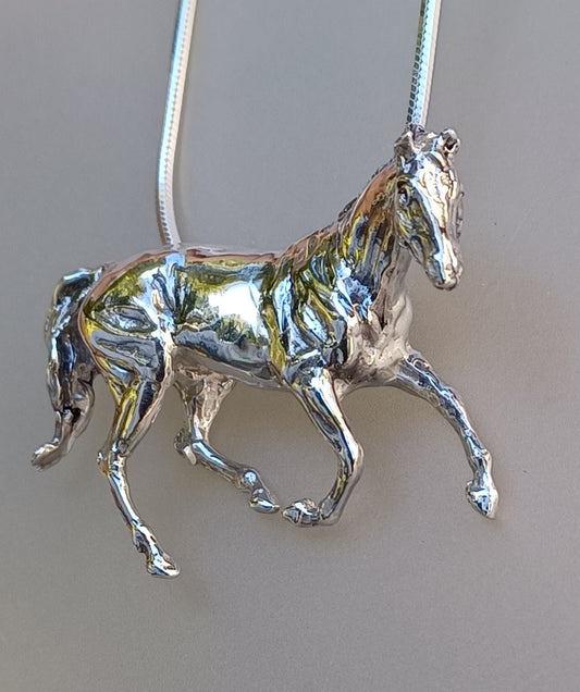 Extra Large Galloping Horse Pendant and Chain Sterling SIlver Artistan Jewelry Zimmer