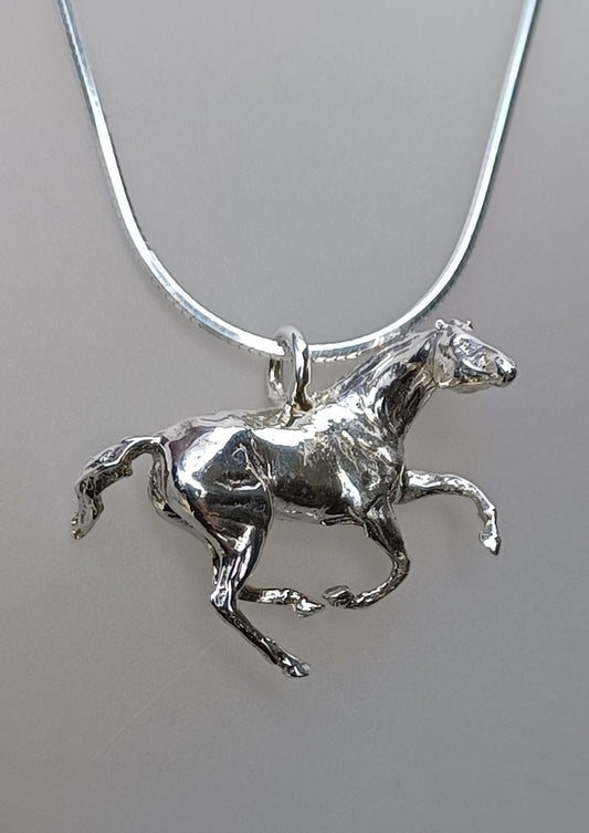 Galloping Horse Pendant Small size 1" Snake Chain included.  Sterling Silver.