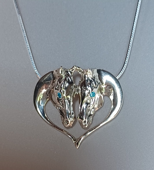 Horses Heart Nose to Nose Sterling Silver Necklace Stone Set Eyes
