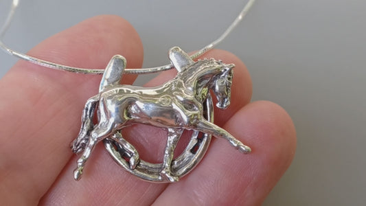 Dressage Horse Horseshoe Large Sterling Silver pendant and chain. Beverly Zimmer design, signed