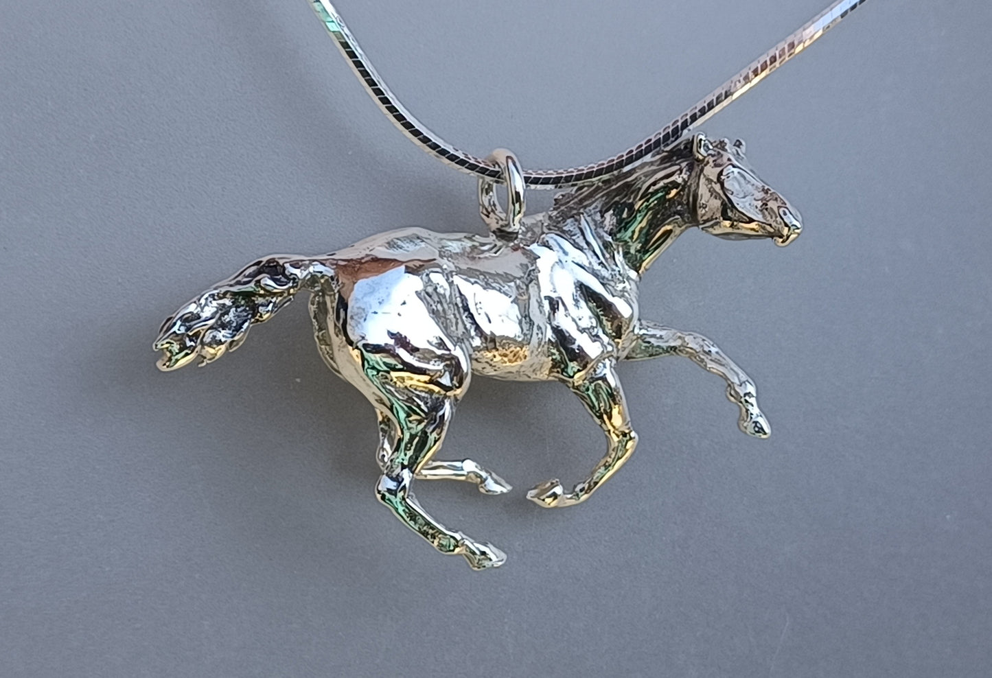 Equestrian Jewelry Galloping Horse Sterling Silver Necklace Pendant and Chain. Miniature Scultpure