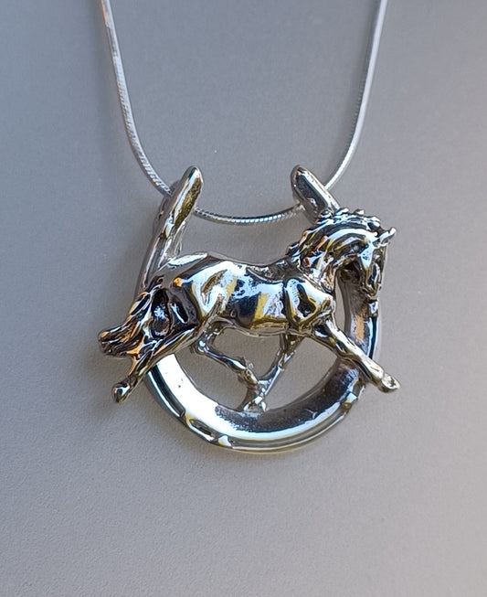 Trotting Horse in horseshoe  pendant & chain  sterling silver  Forge Hill Sculpture Zimmer jewelry