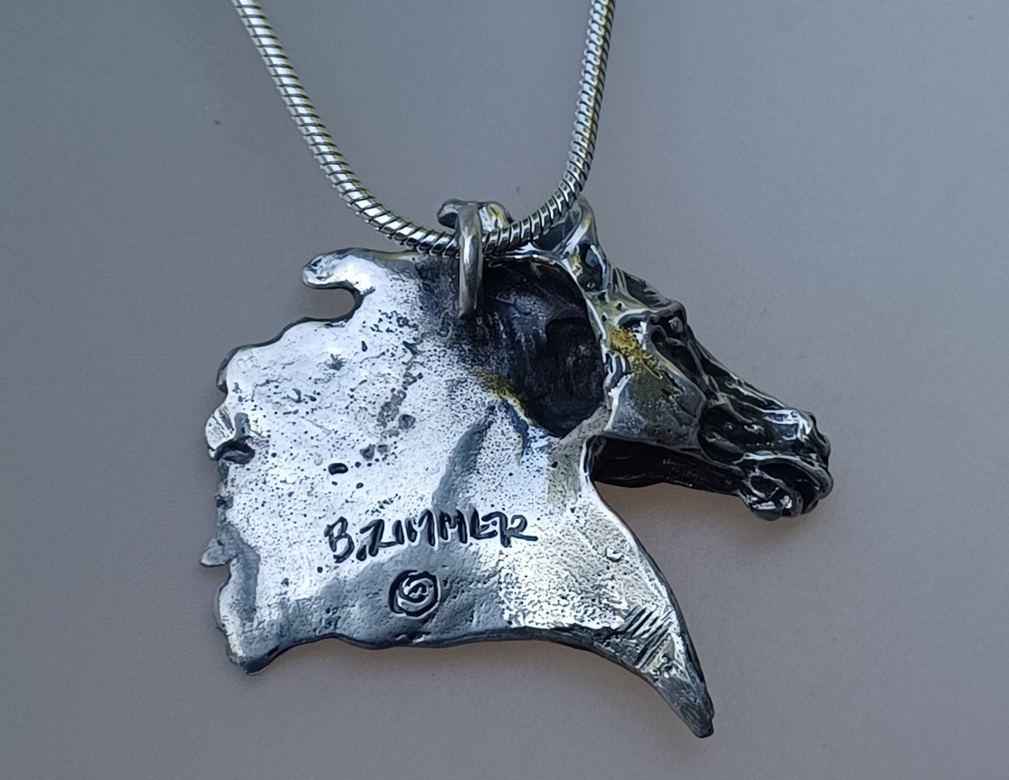 Horse  Pendant Pewter with STAINLESS STEEL snake chain Jewelry Equestrian necklace Zimmer Forge Hill Sculpture