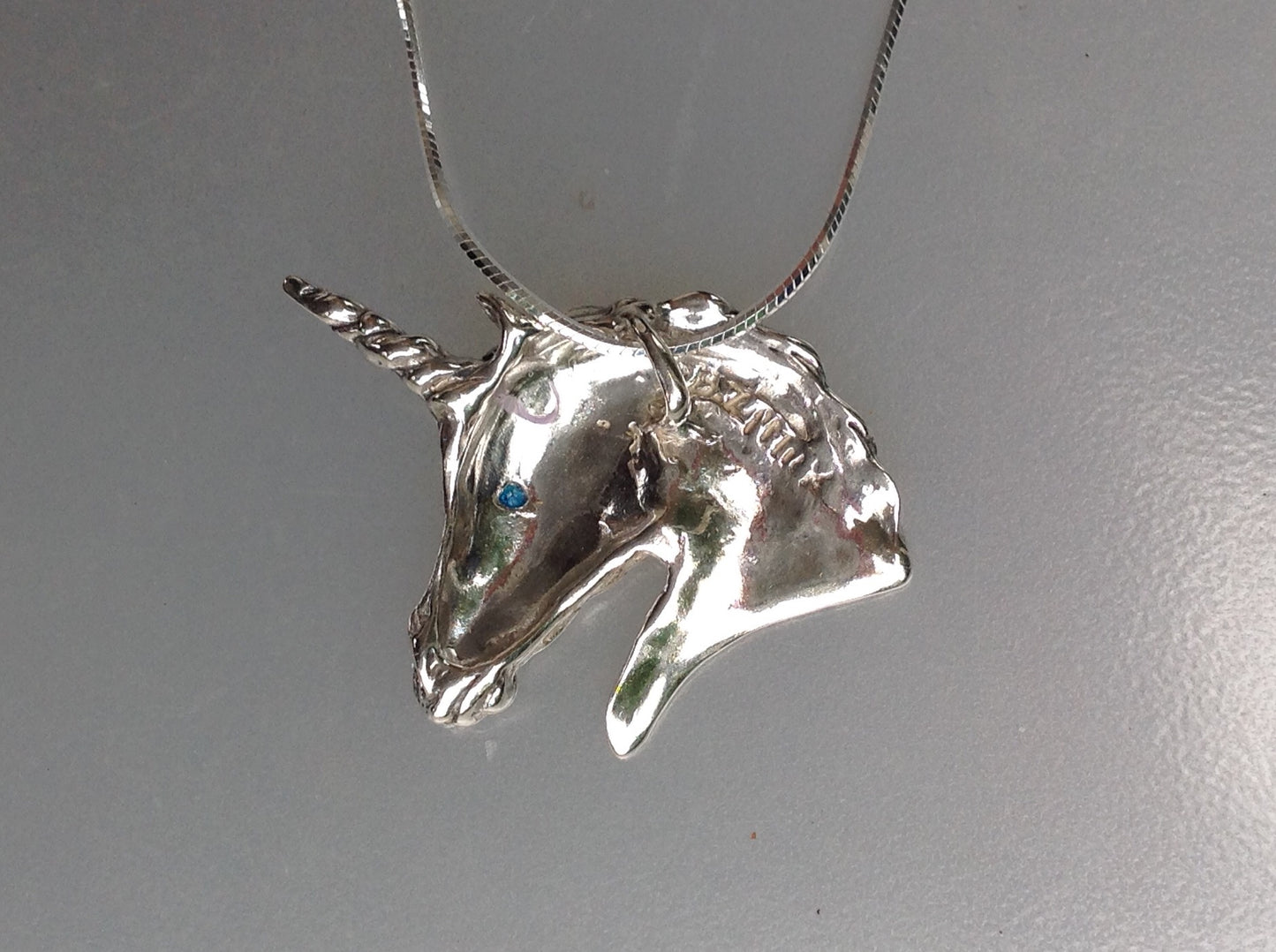 Unicorn Sterling Silver Pendant, stone set eye. Large. Chain included.