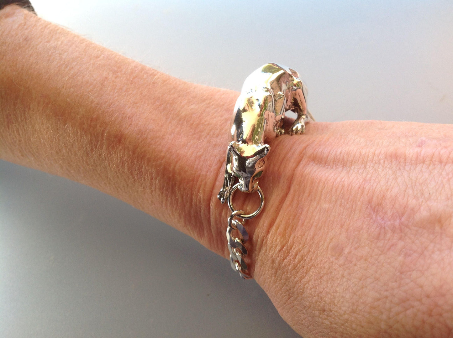 Custom Order crouching  Panther cast in sterling silver sculpture bracelet artist original.