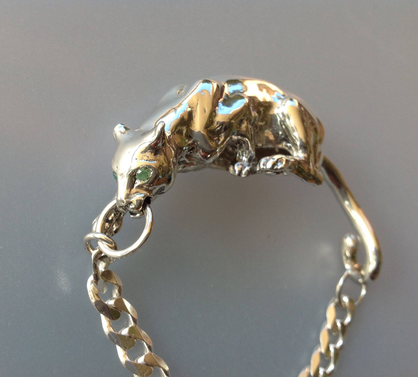 Custom Order crouching  Panther cast in sterling silver sculpture bracelet artist original.