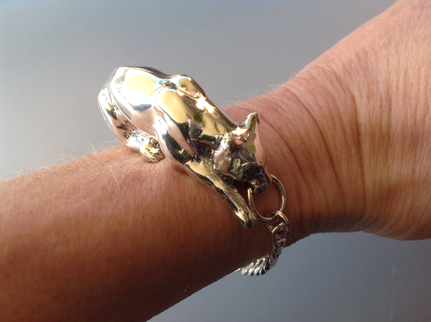 Custom Order crouching  Panther cast in sterling silver sculpture bracelet artist original.