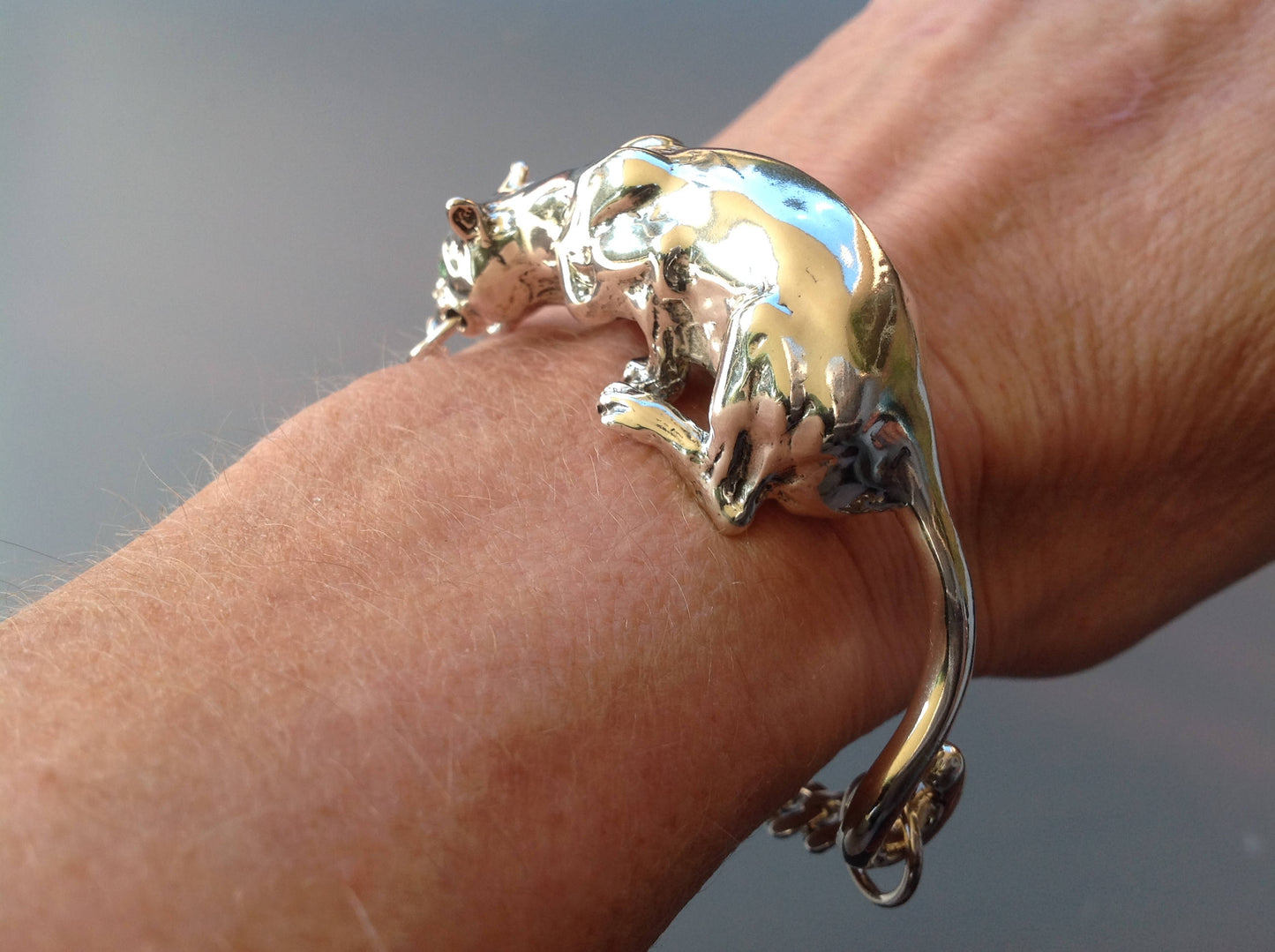 Custom Order crouching  Panther cast in sterling silver sculpture bracelet artist original.