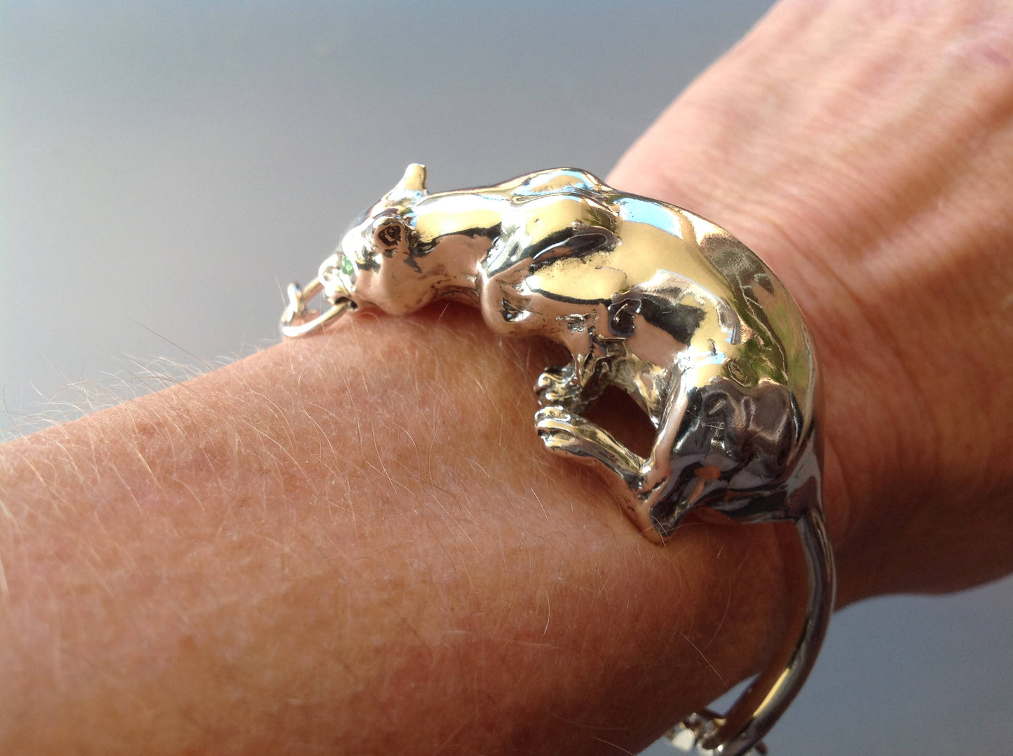 Custom Order crouching  Panther cast in sterling silver sculpture bracelet artist original.