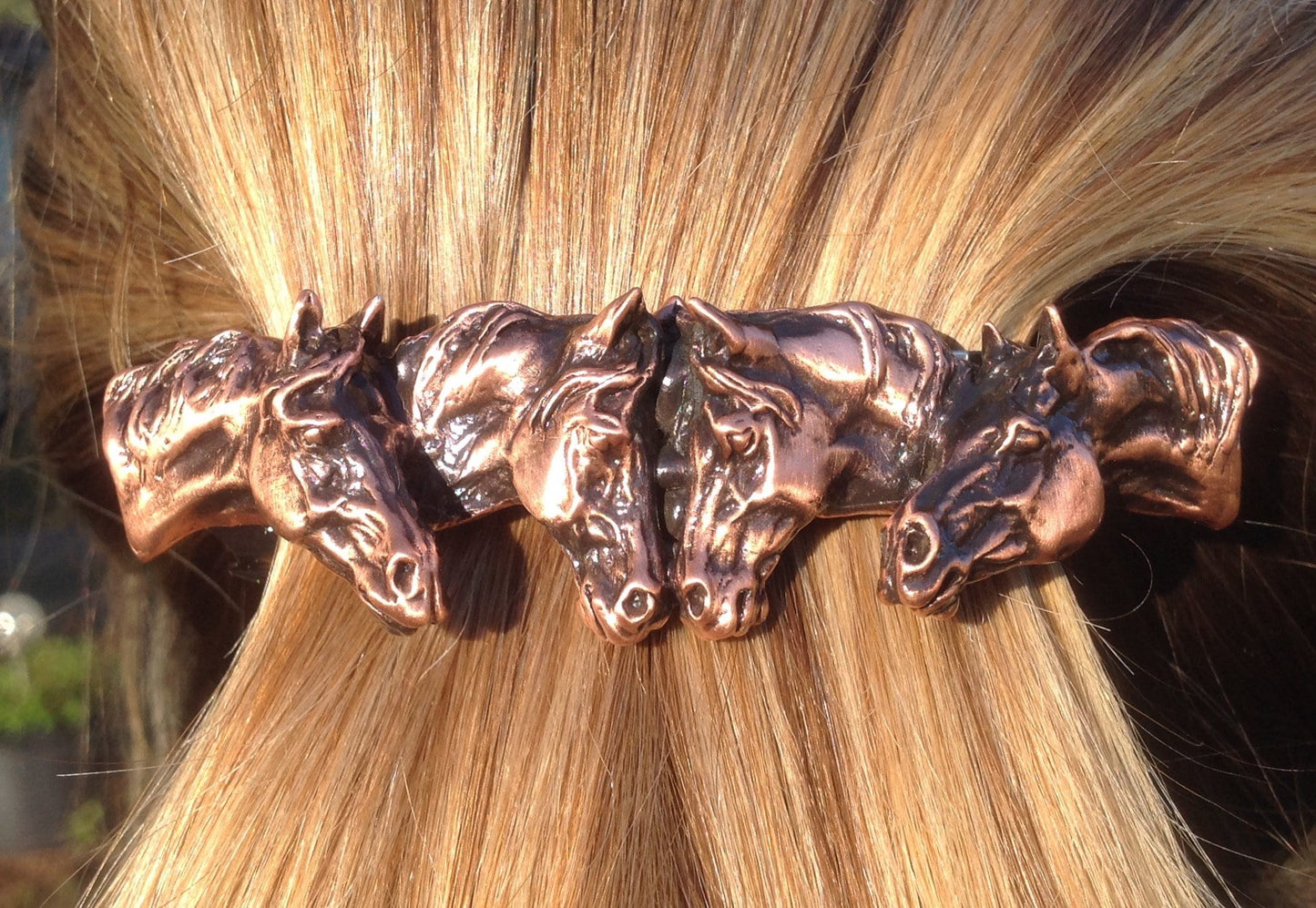 Horse Jewelry Four Horses barrette NEW antique copper finish! Lead free pewter hair or scarf clip
