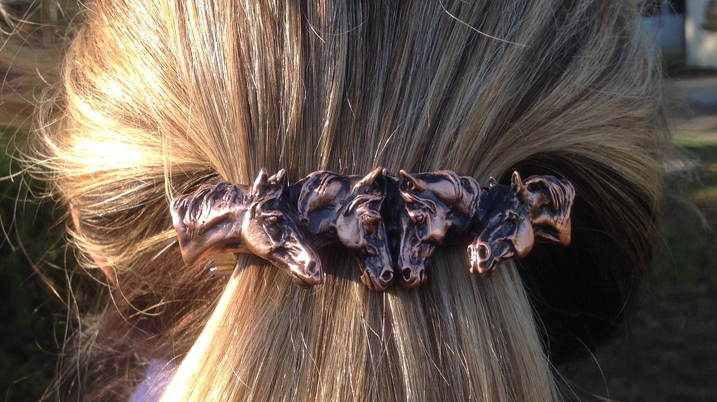 Horse Jewelry Four Horses barrette NEW antique copper finish! Lead free pewter hair or scarf clip