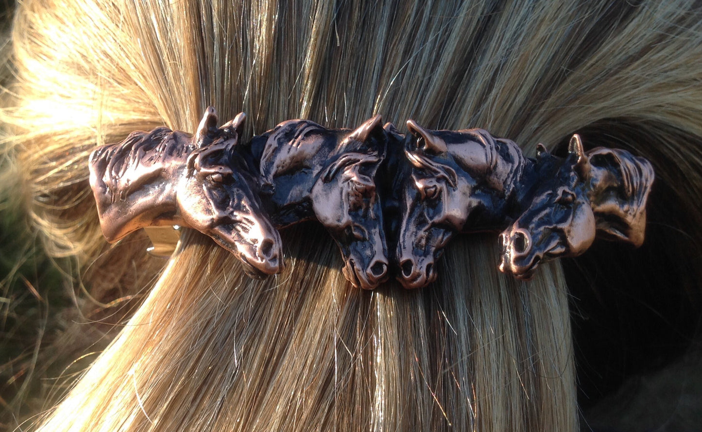 Horse Jewelry Four Horses barrette NEW antique copper finish! Lead free pewter hair or scarf clip