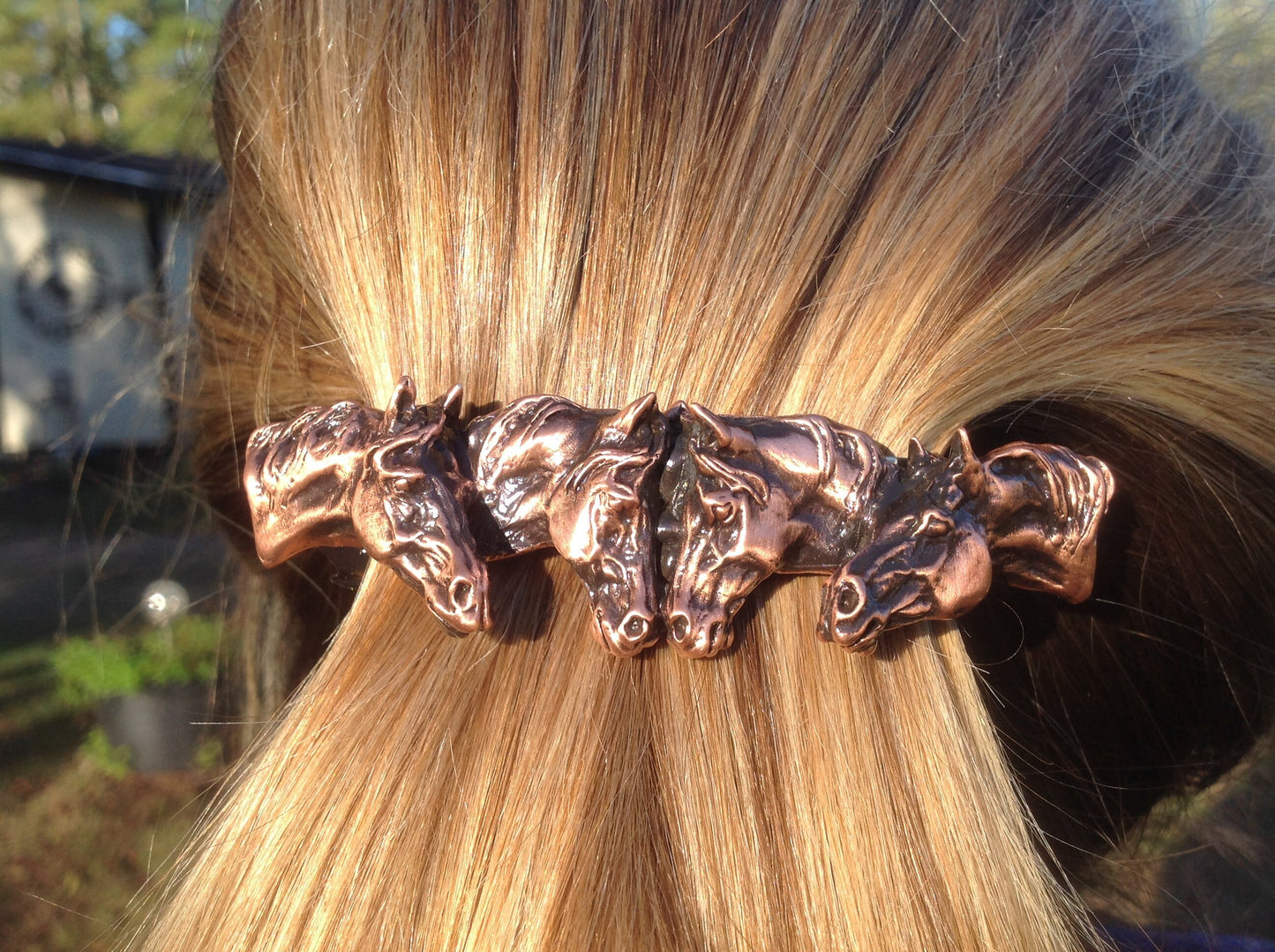 Horse Jewelry Four Horses barrette NEW antique copper finish!  Lead free pewter hair or scarf clip