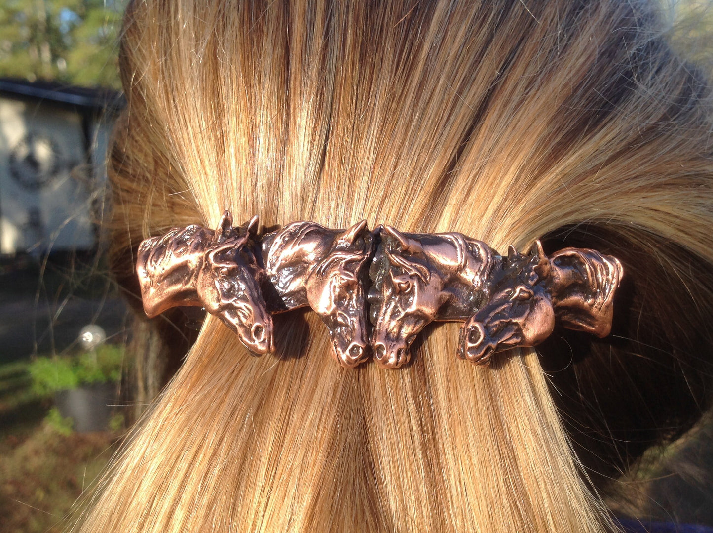 Horse Jewelry Four Horses barrette NEW antique copper finish! Lead free pewter hair or scarf clip