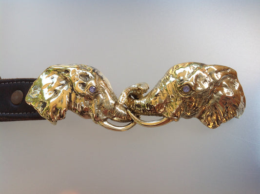 Articulating Elephants belt buckle Sculpture jewelry in bronze NO STONES in eyes.  Zimmer jewelry