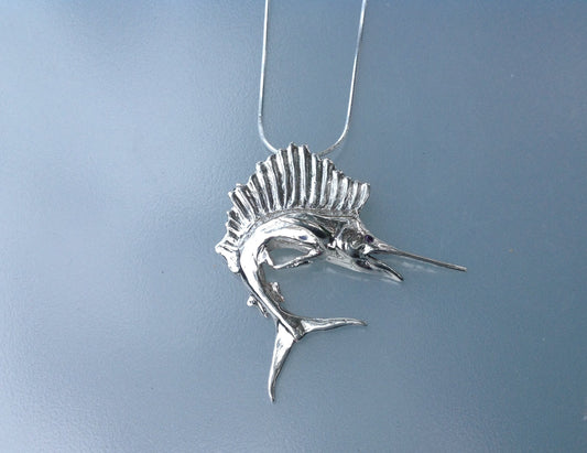 Sailfish large necklace. Grand Slam. Sea life, Ocean fish, jewelry . Sterling Silver necklace gift  Zimmer