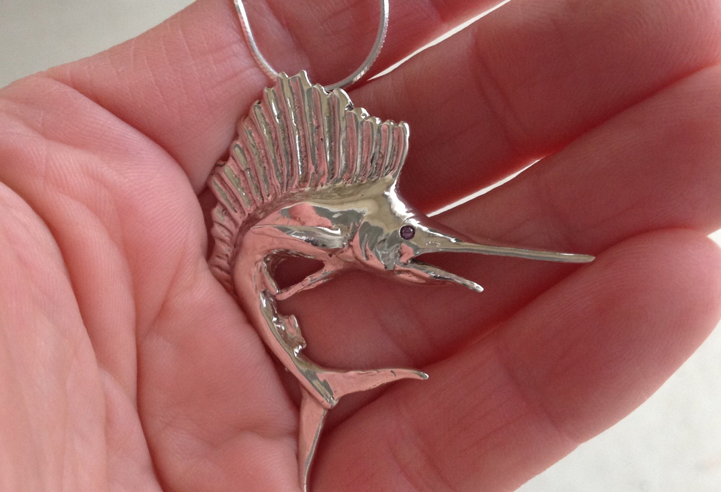 Sailfish large necklace. Grand Slam. Sea life, Ocean fish, jewelry . Sterling Silver necklace gift  Zimmer